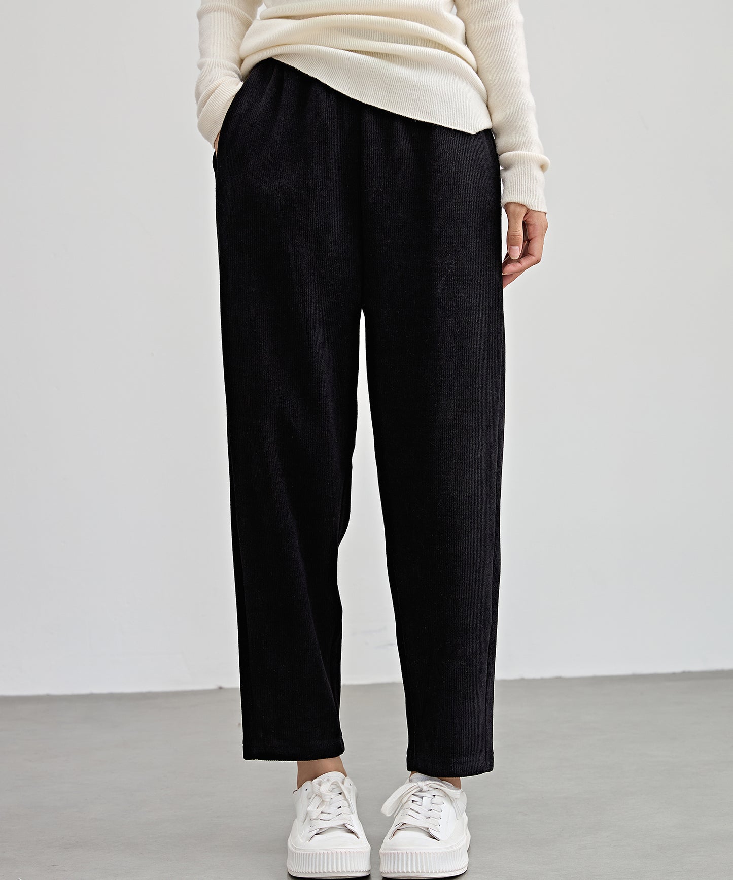 ソリッドカラー クロップド丈 テーパード イージーパンツ 裏起毛