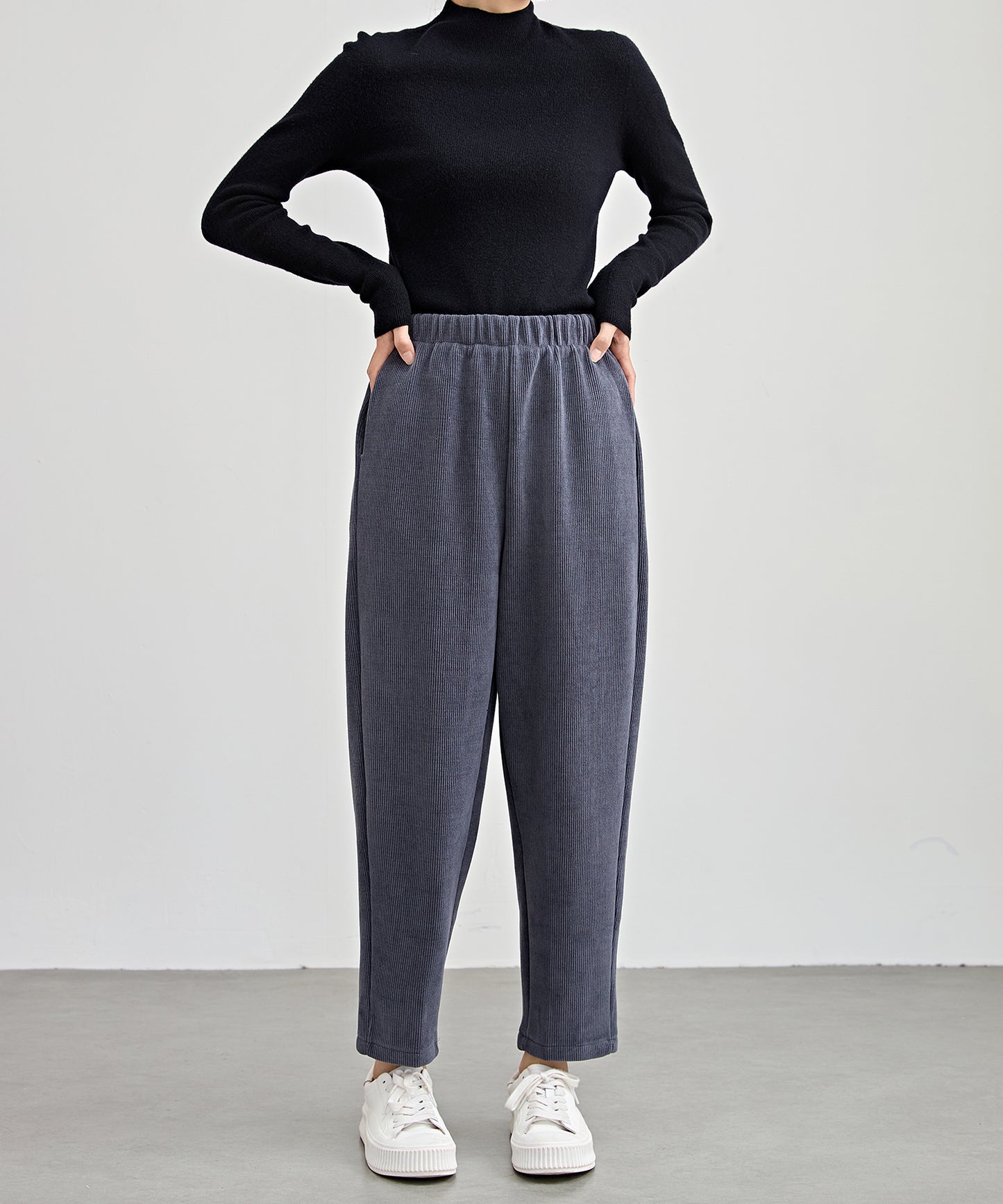 ソリッドカラー クロップド丈 テーパード イージーパンツ 裏起毛