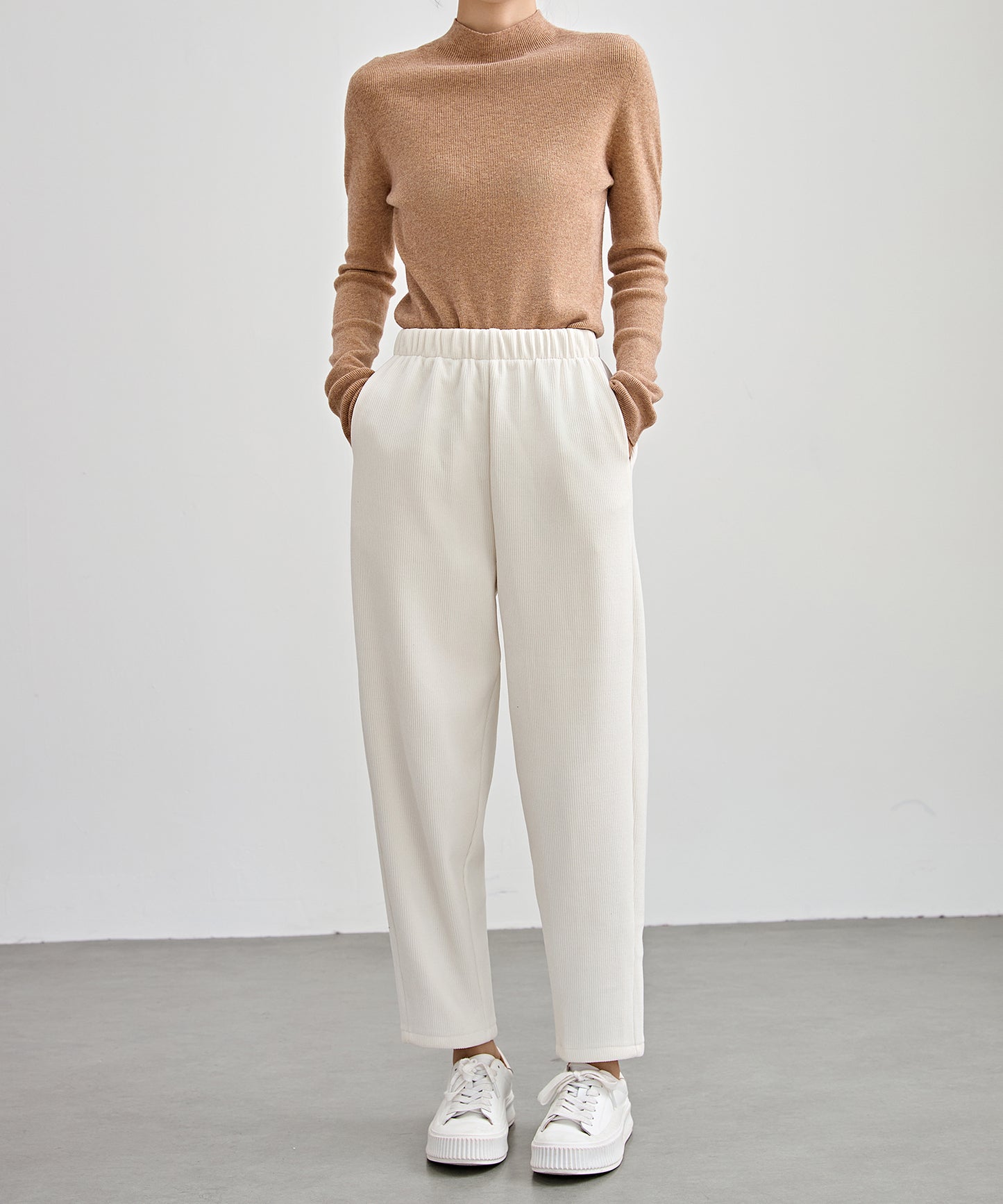 ソリッドカラー クロップド丈 テーパード イージーパンツ 裏起毛