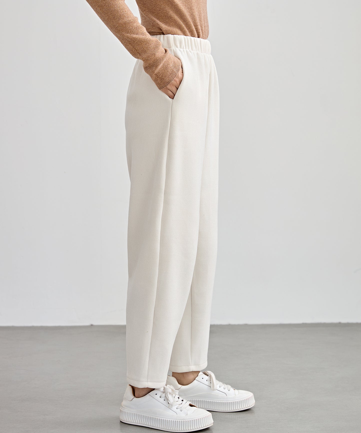 ソリッドカラー クロップド丈 テーパード イージーパンツ 裏起毛