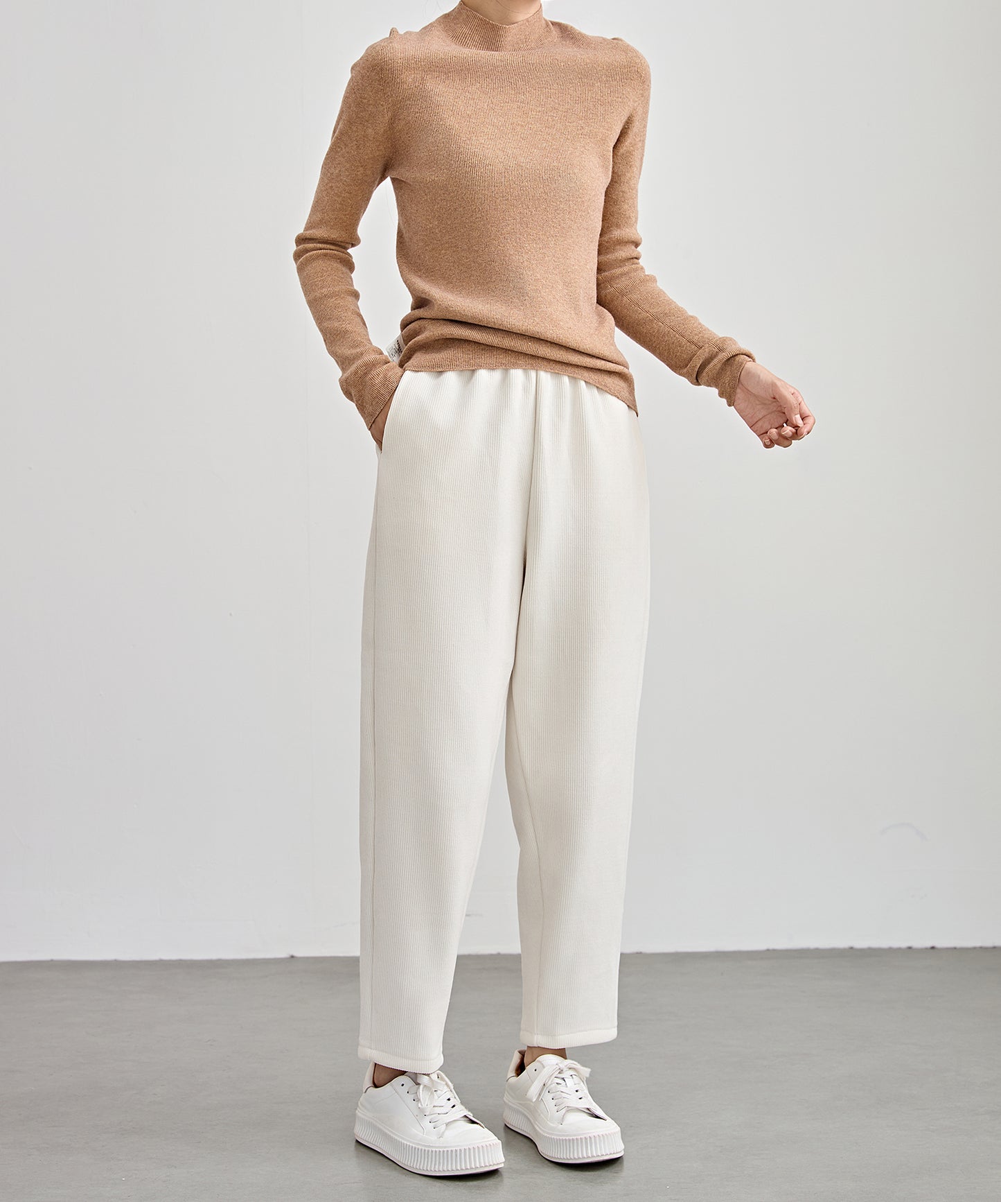 ソリッドカラー クロップド丈 テーパード イージーパンツ 裏起毛