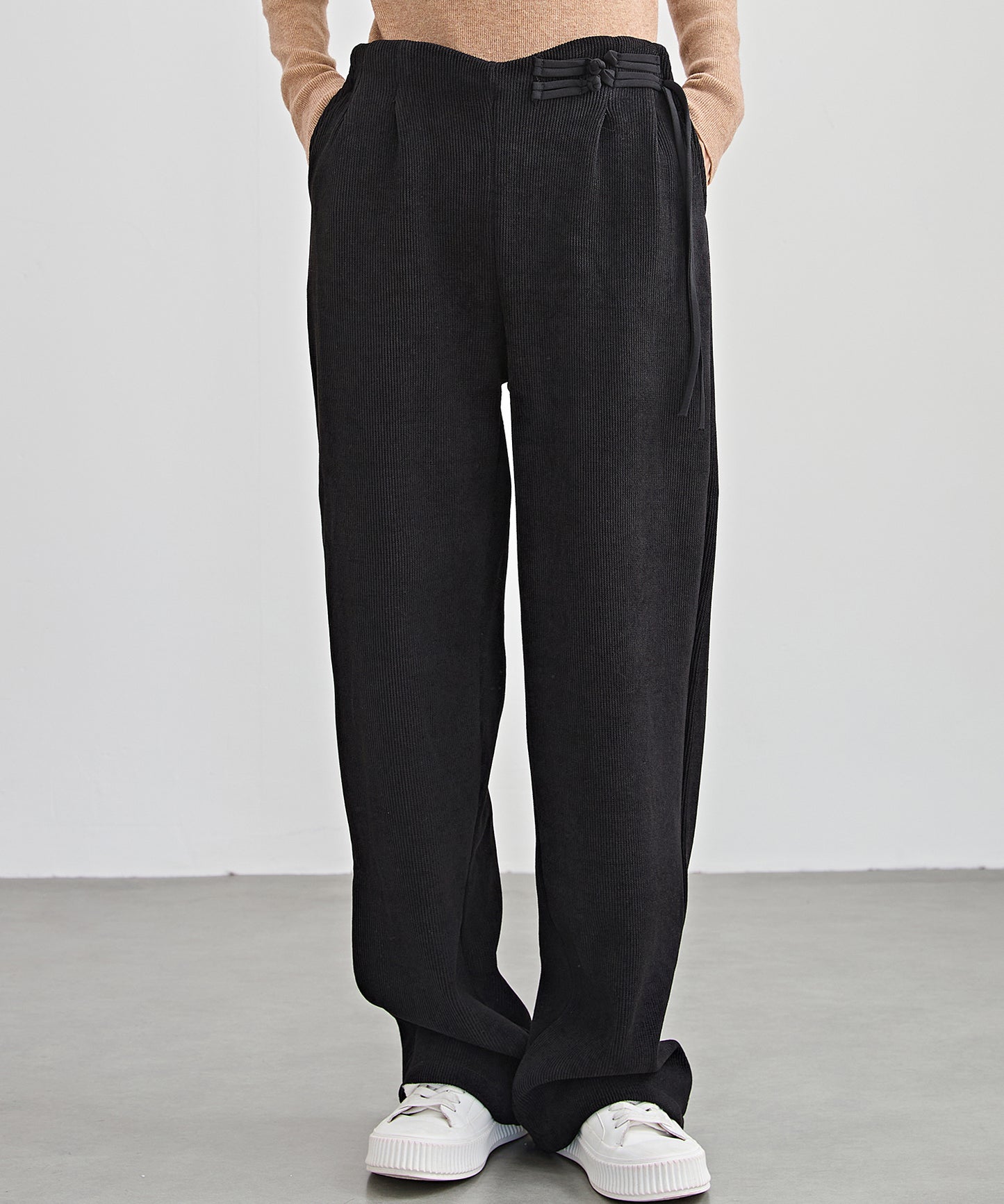 チャイナボタン コーデュロイ 裏起毛 ストレート タック パンツ