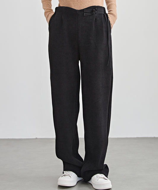 チャイナボタン コーデュロイ 裏起毛 ストレート タック パンツ