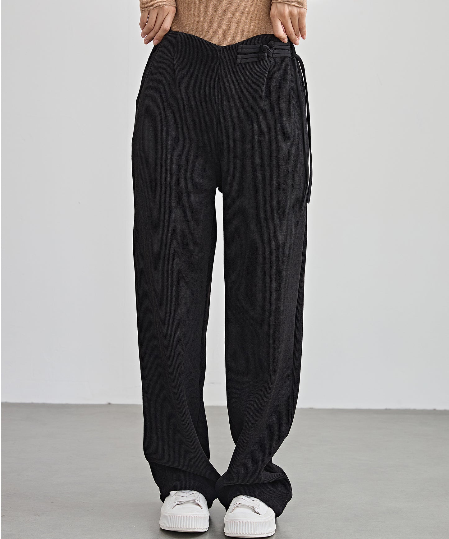 チャイナボタン コーデュロイ 裏起毛 ストレート タック パンツ