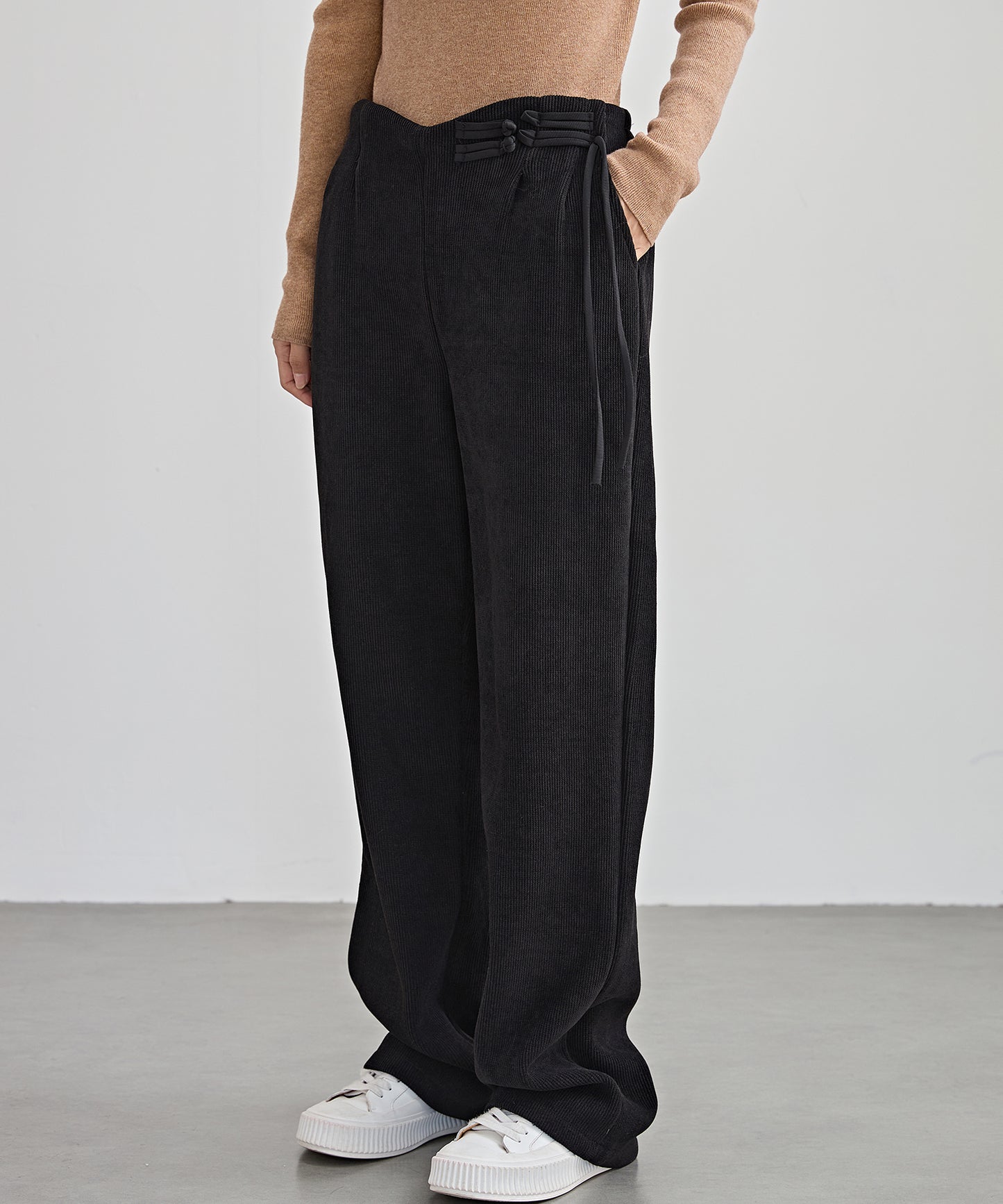 チャイナボタン コーデュロイ 裏起毛 ストレート タック パンツ