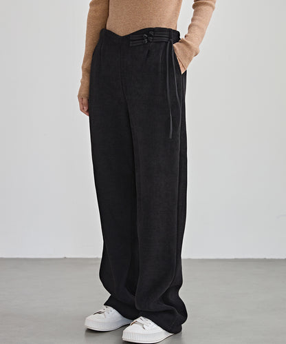 チャイナボタン コーデュロイ 裏起毛 ストレート タック パンツ