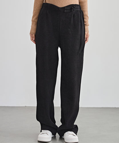 チャイナボタン コーデュロイ 裏起毛 ストレート タック パンツ