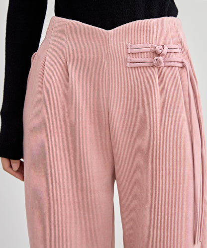 チャイナボタン コーデュロイ 裏起毛 ストレート タック パンツ