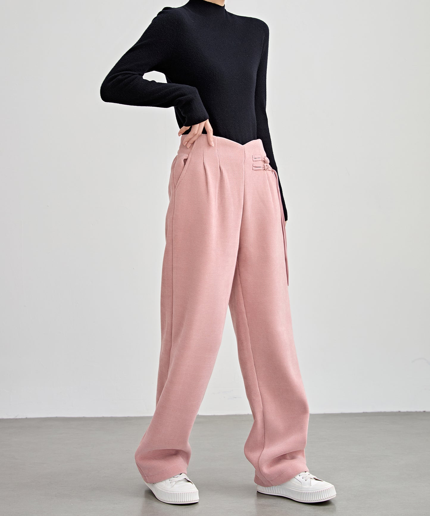 チャイナボタン コーデュロイ 裏起毛 ストレート タック パンツ