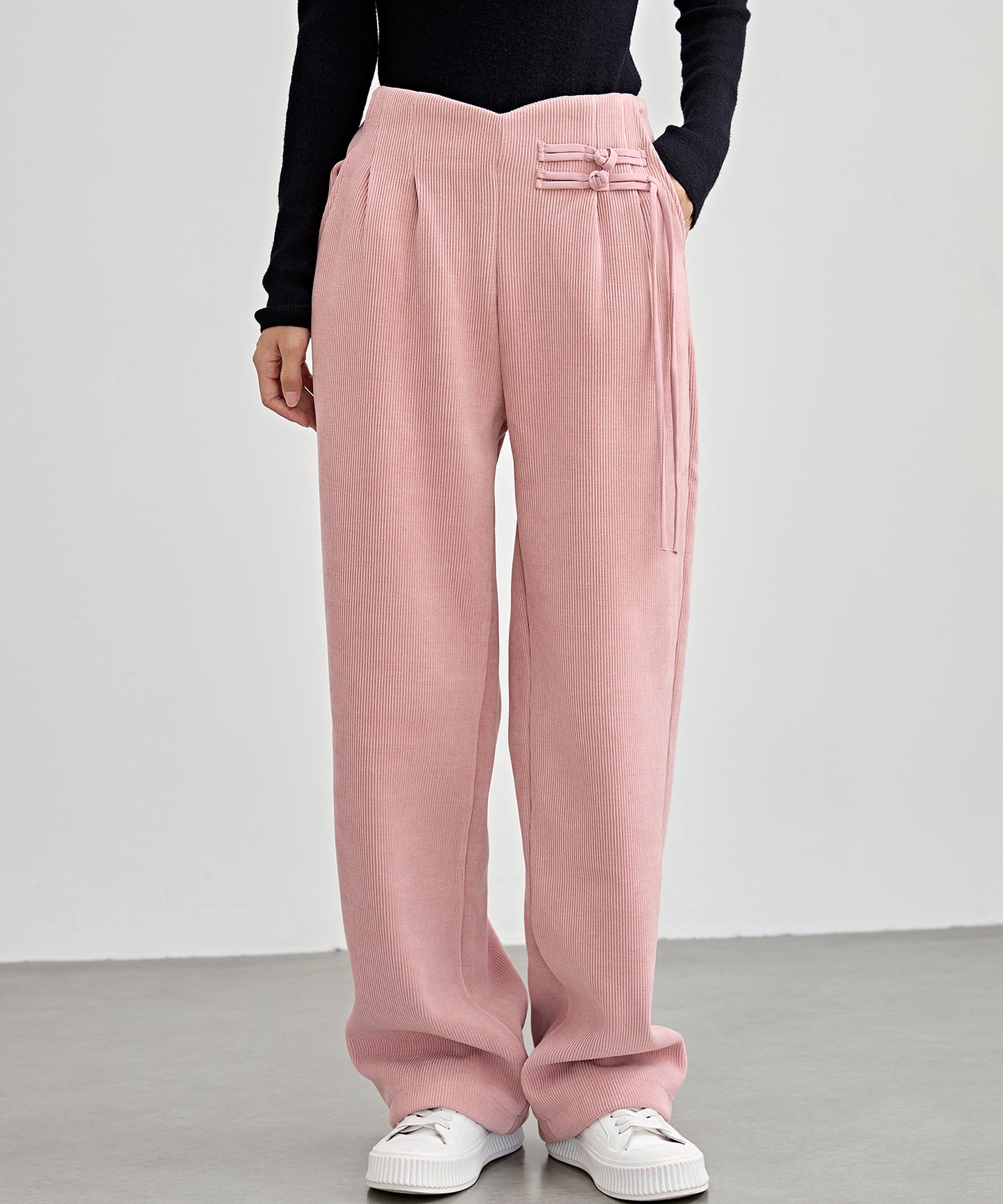 チャイナボタン コーデュロイ 裏起毛 ストレート タック パンツ