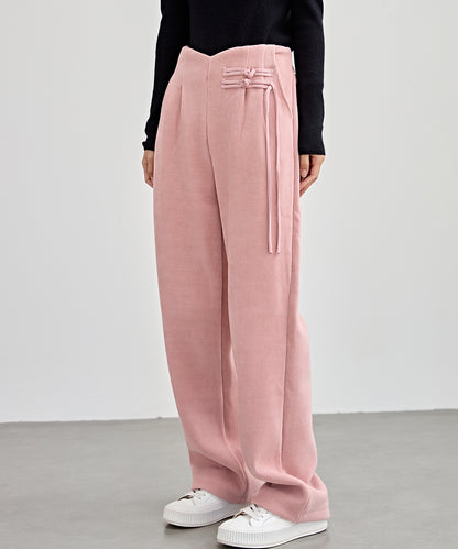 チャイナボタン コーデュロイ 裏起毛 ストレート タック パンツ