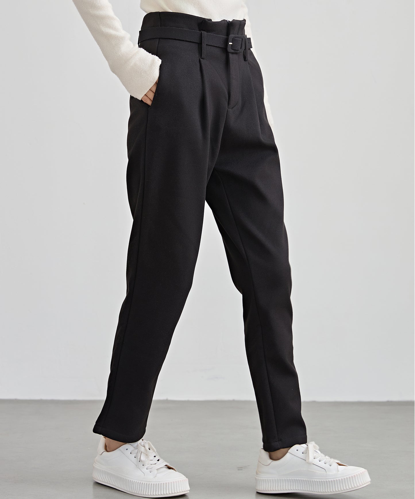 ハイウエスト ベルト付き 裏起毛 テーパード パンツ