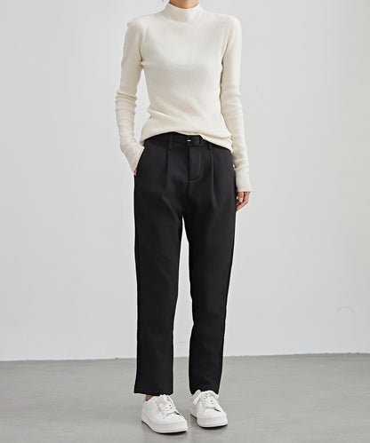 ハイウエスト ベルト付き 裏起毛 テーパード パンツ