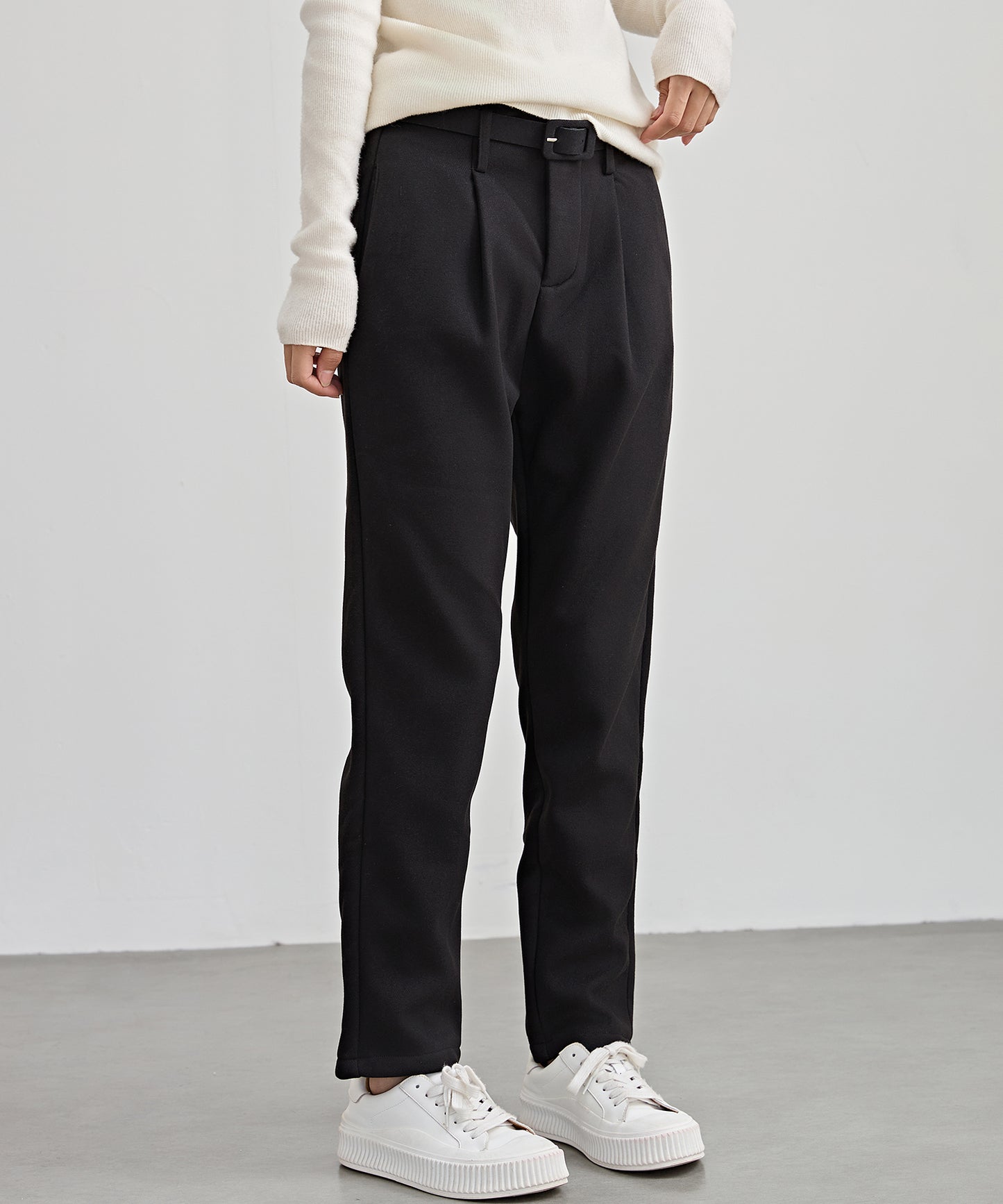 ハイウエスト ベルト付き 裏起毛 テーパード パンツ