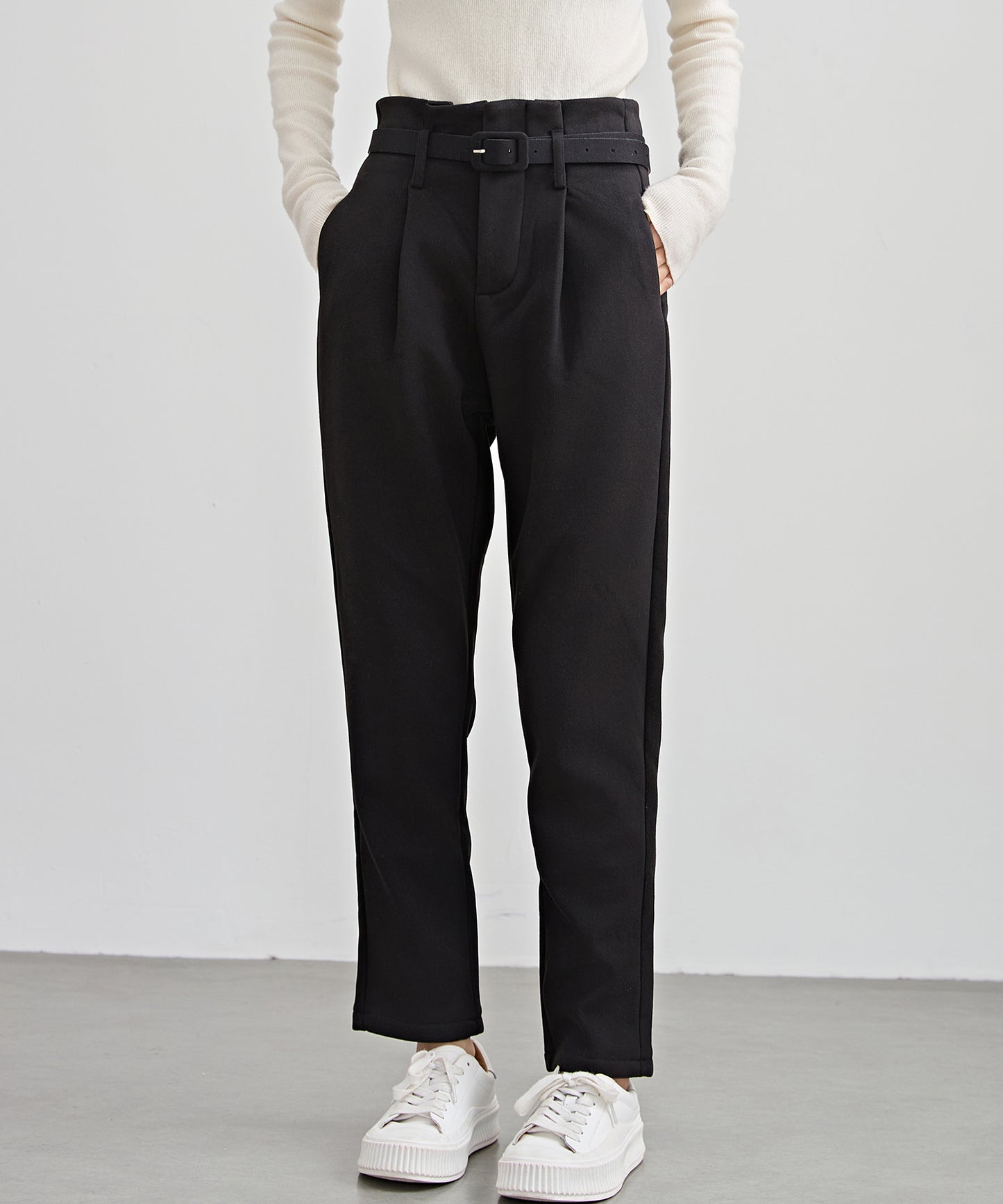 ハイウエスト ベルト付き 裏起毛 テーパード パンツ