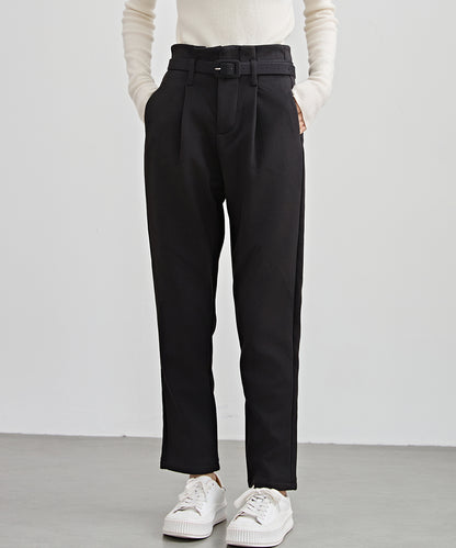 ハイウエスト ベルト付き 裏起毛 テーパード パンツ