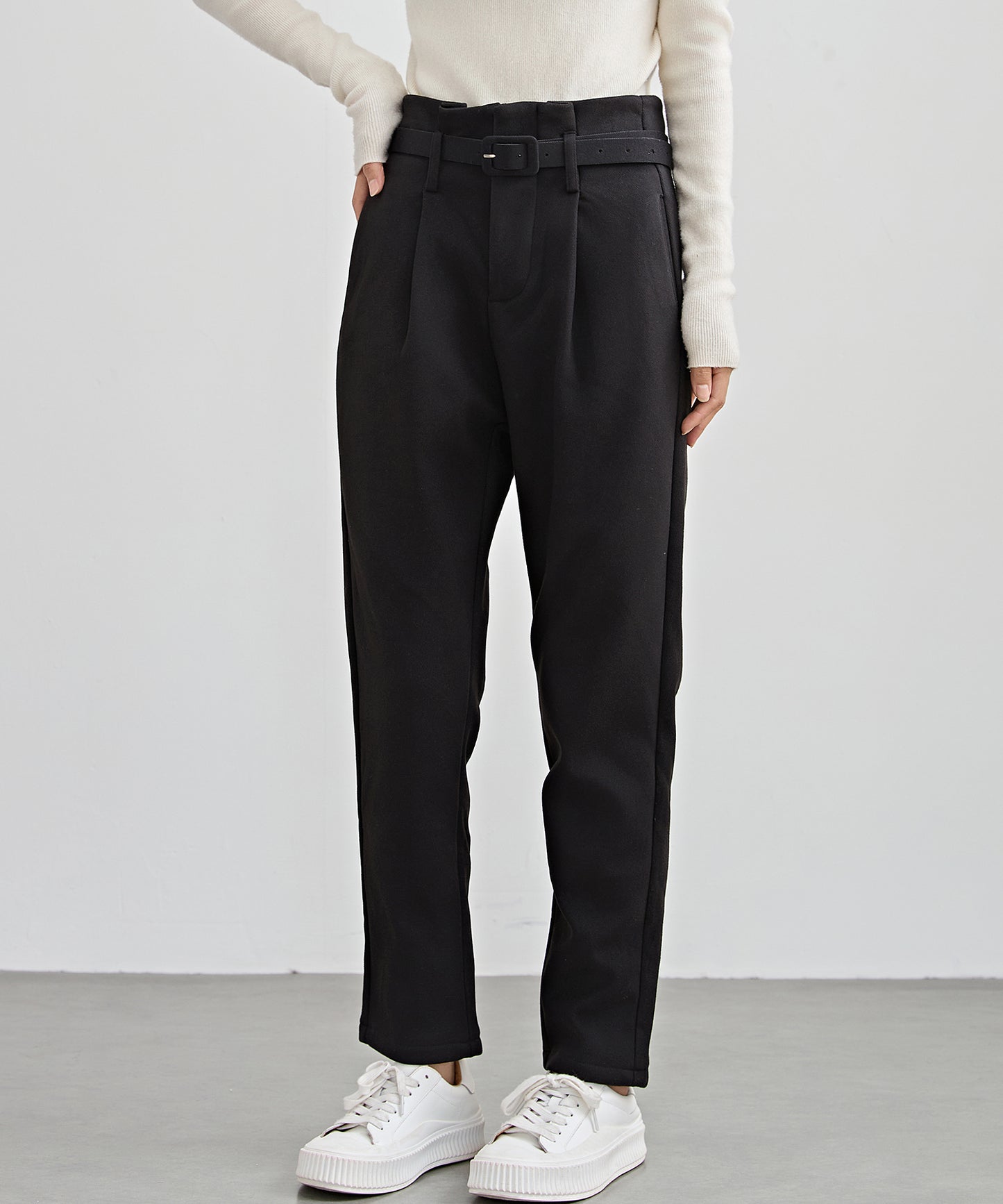 ハイウエスト ベルト付き 裏起毛 テーパード パンツ