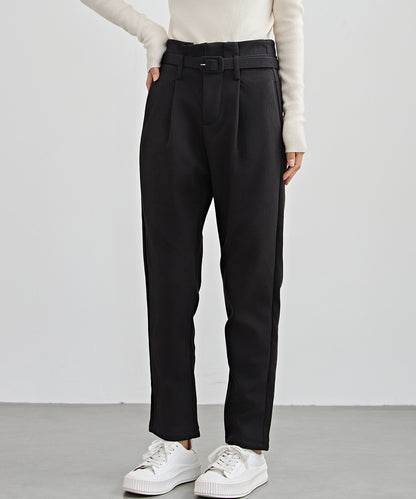 ハイウエスト ベルト付き 裏起毛 テーパード パンツ