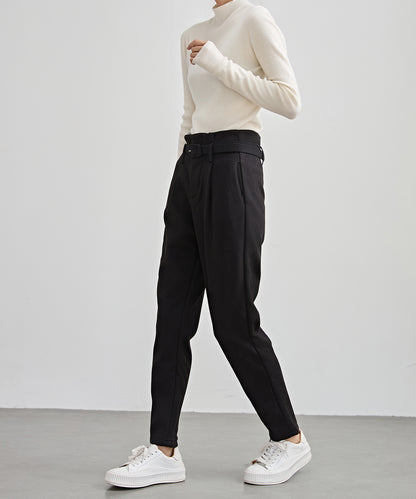 ハイウエスト ベルト付き 裏起毛 テーパード パンツ