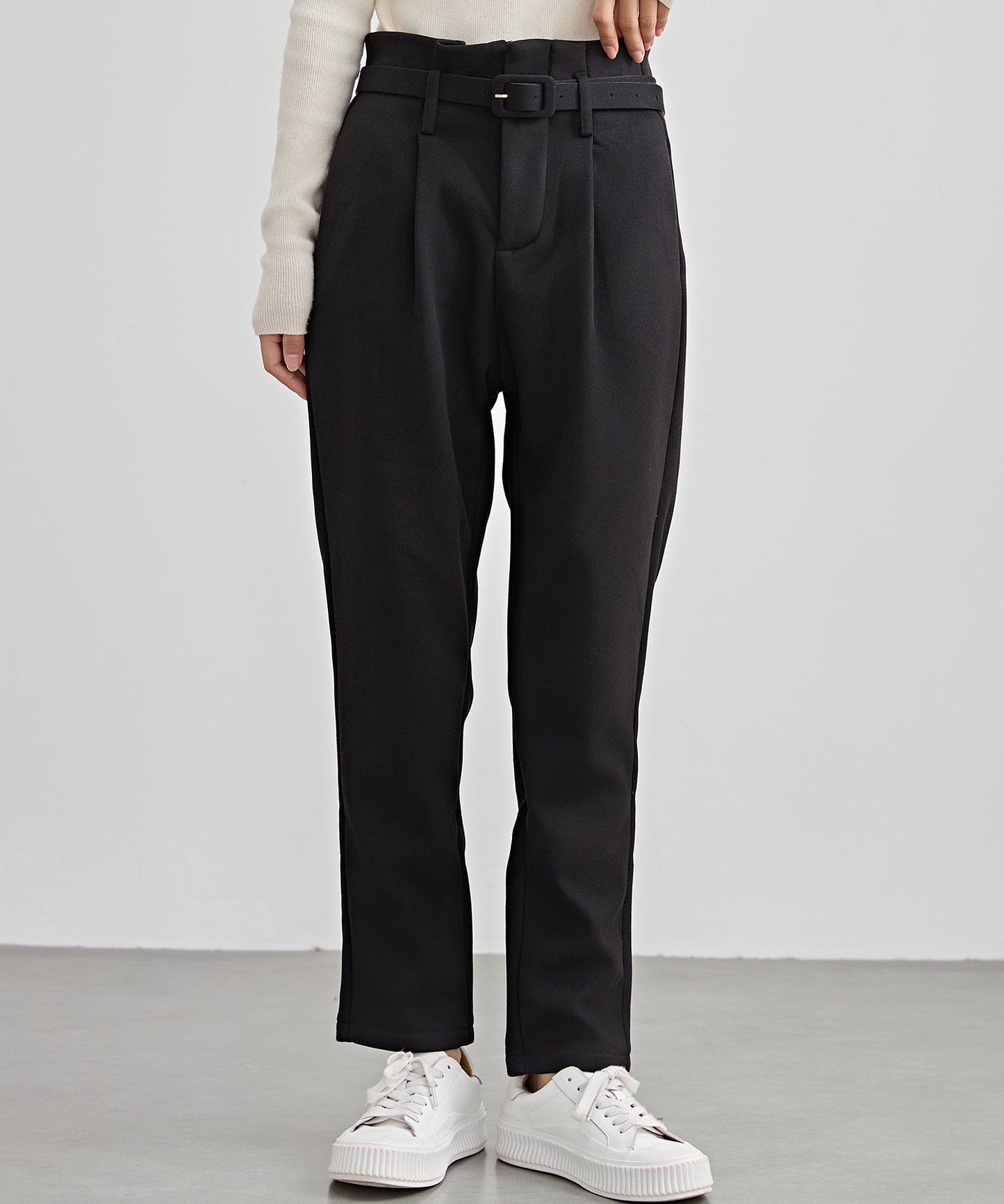 ハイウエスト ベルト付き 裏起毛 テーパード パンツ