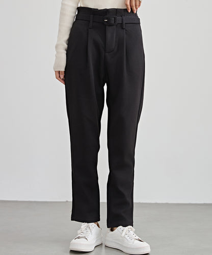 ハイウエスト ベルト付き 裏起毛 テーパード パンツ