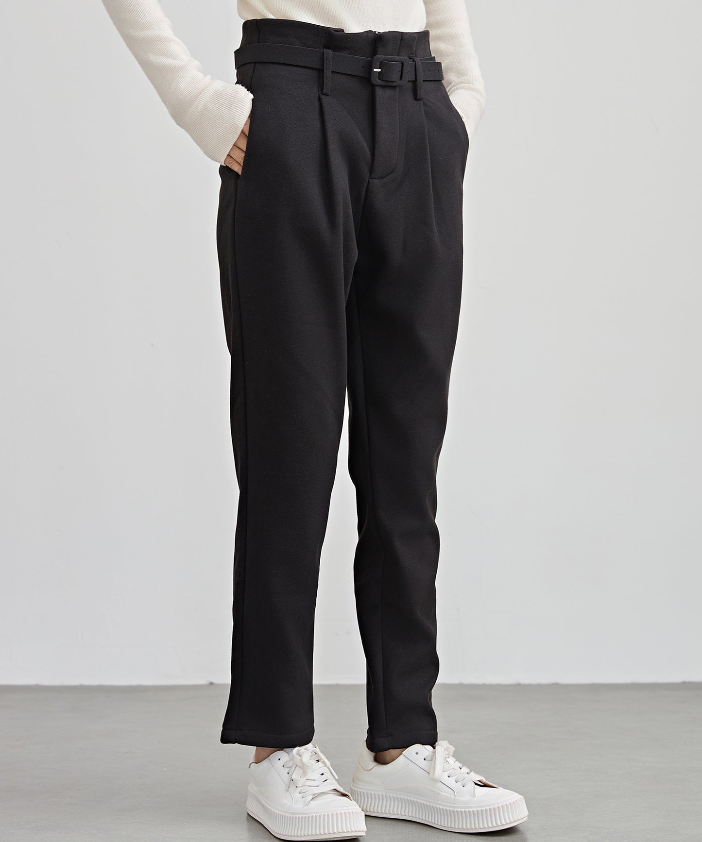ハイウエスト ベルト付き 裏起毛 テーパード パンツ