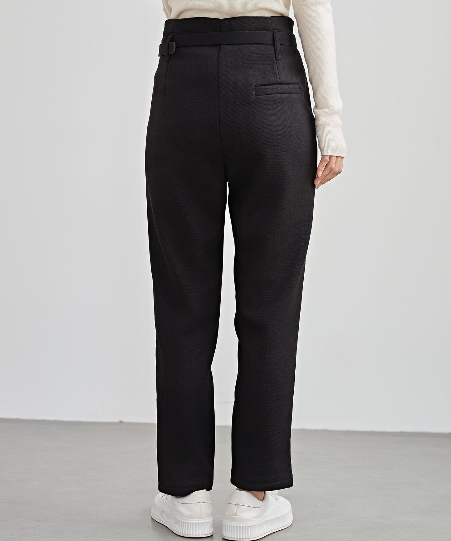 ハイウエスト ベルト付き 裏起毛 テーパード パンツ