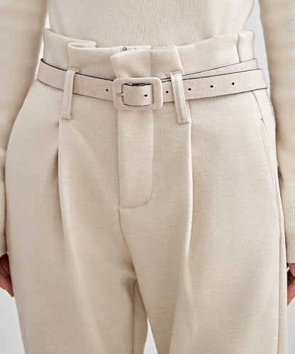 ハイウエスト ベルト付き 裏起毛 テーパード パンツ