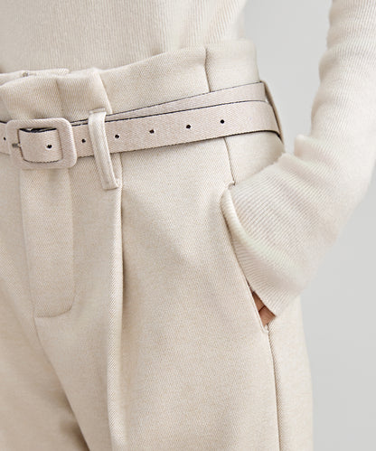 ハイウエスト ベルト付き 裏起毛 テーパード パンツ