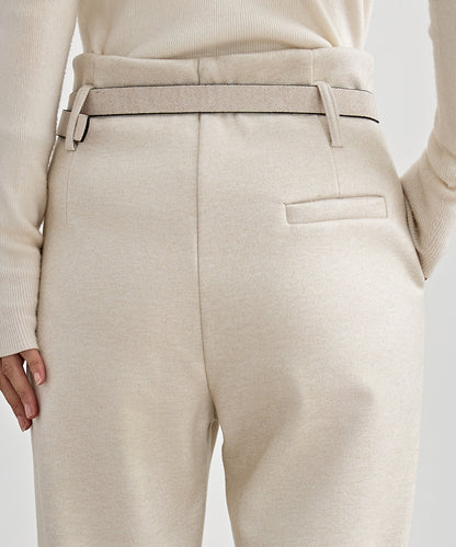 ハイウエスト ベルト付き 裏起毛 テーパード パンツ