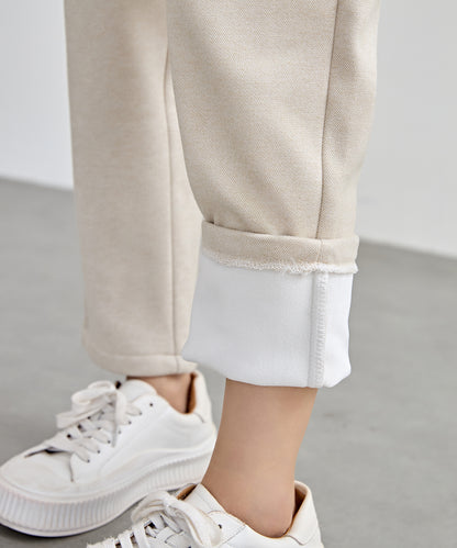 ハイウエスト ベルト付き 裏起毛 テーパード パンツ