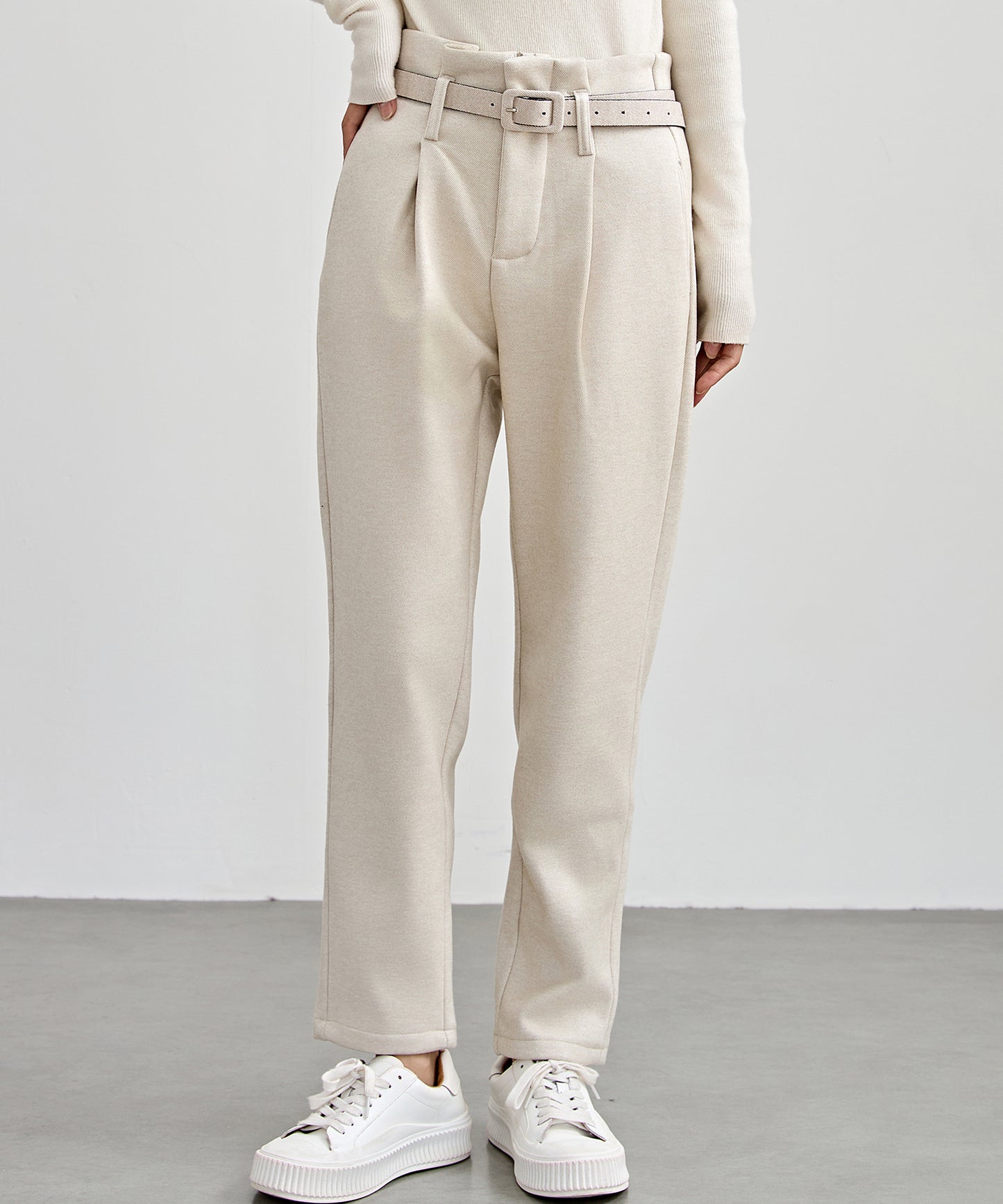 ハイウエスト ベルト付き 裏起毛 テーパード パンツ