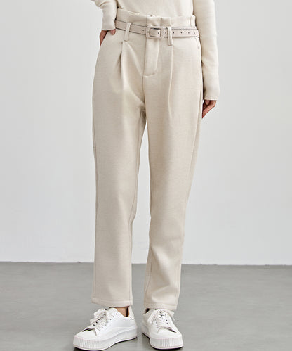 ハイウエスト ベルト付き 裏起毛 テーパード パンツ