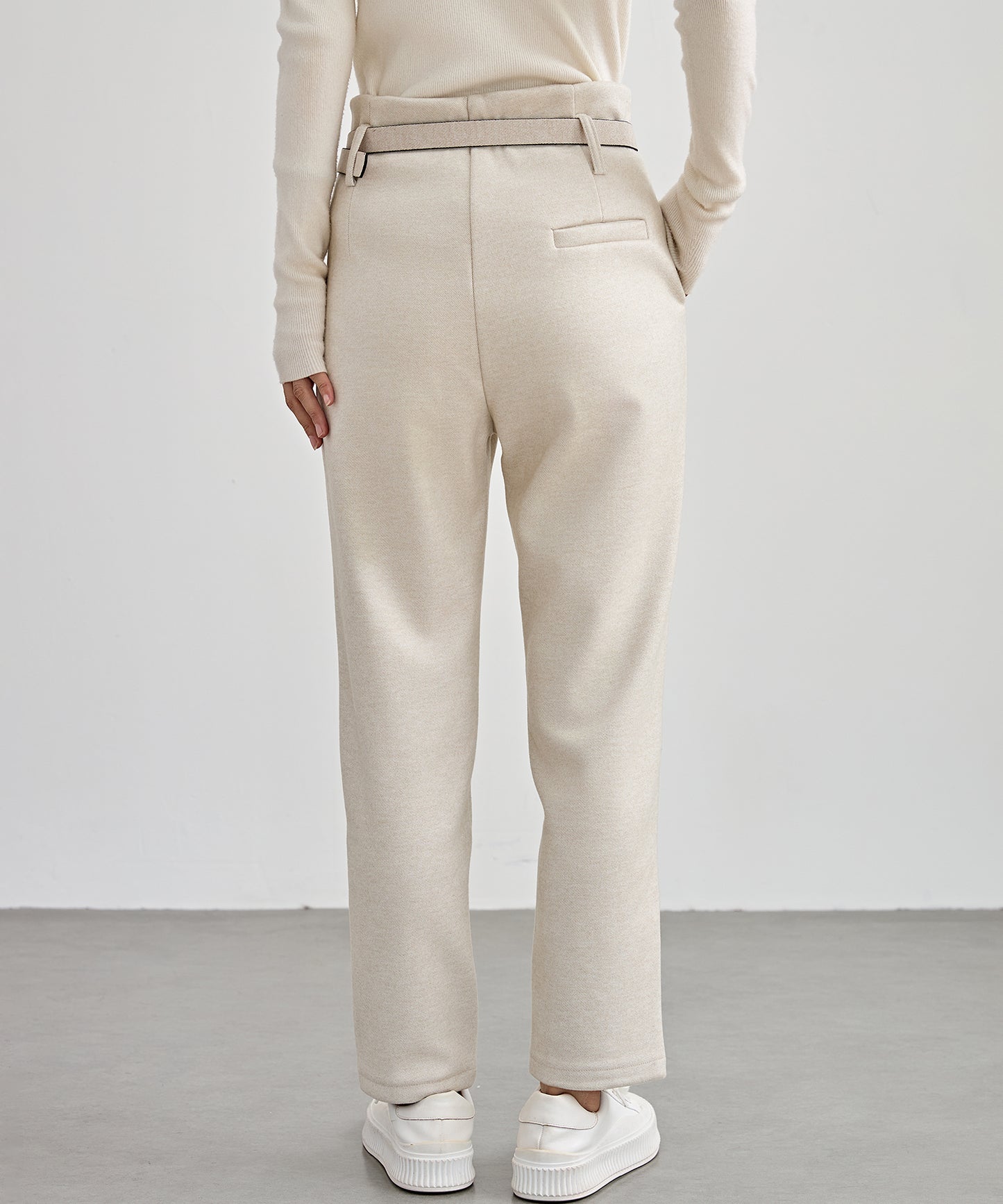 ハイウエスト ベルト付き 裏起毛 テーパード パンツ