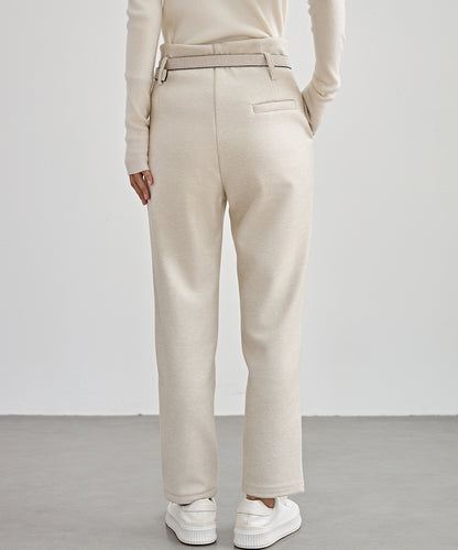 ハイウエスト ベルト付き 裏起毛 テーパード パンツ