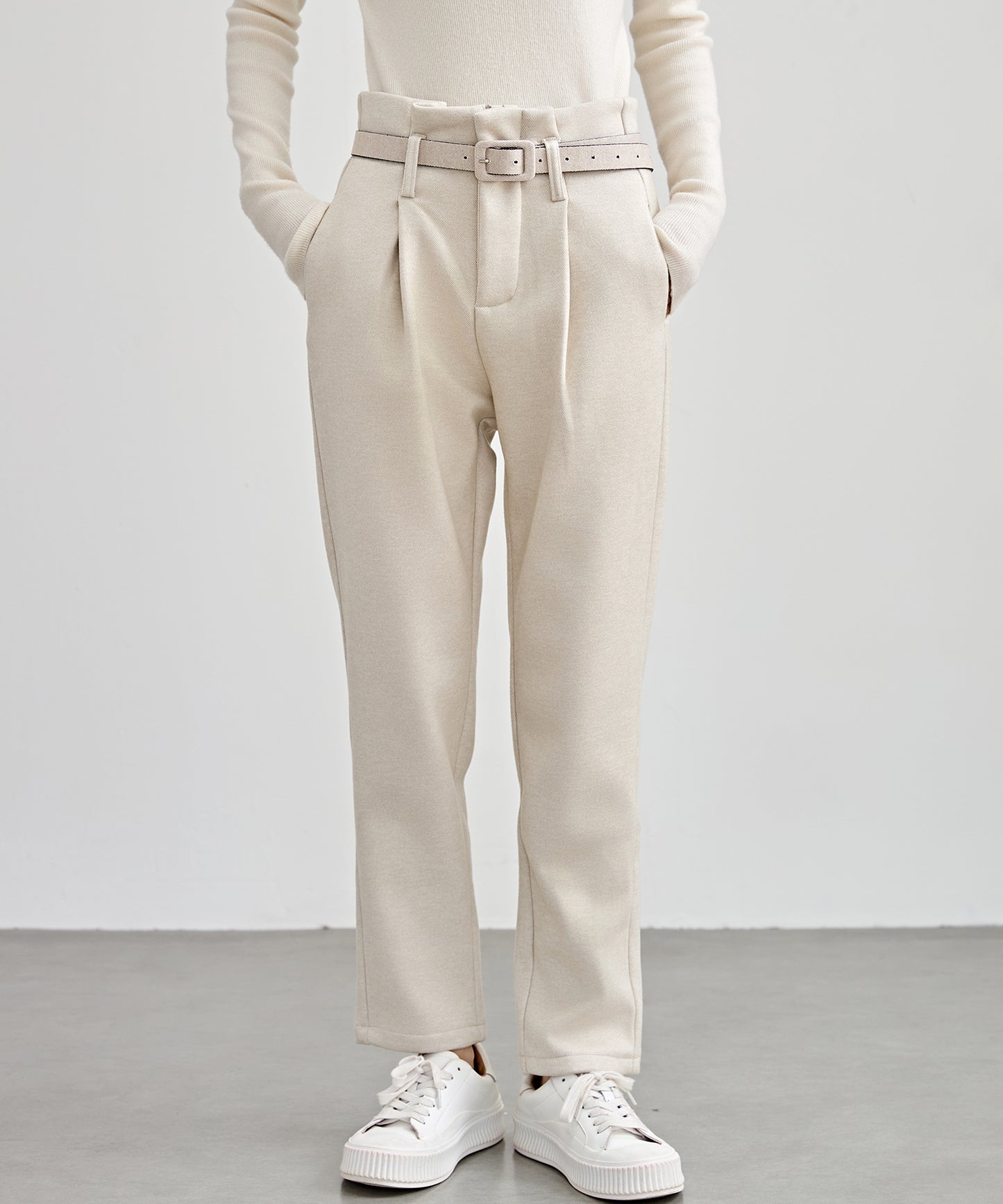 ハイウエスト ベルト付き 裏起毛 テーパード パンツ