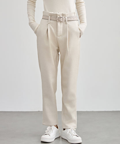 ハイウエスト ベルト付き 裏起毛 テーパード パンツ