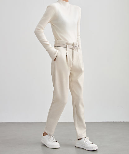 ハイウエスト ベルト付き 裏起毛 テーパード パンツ