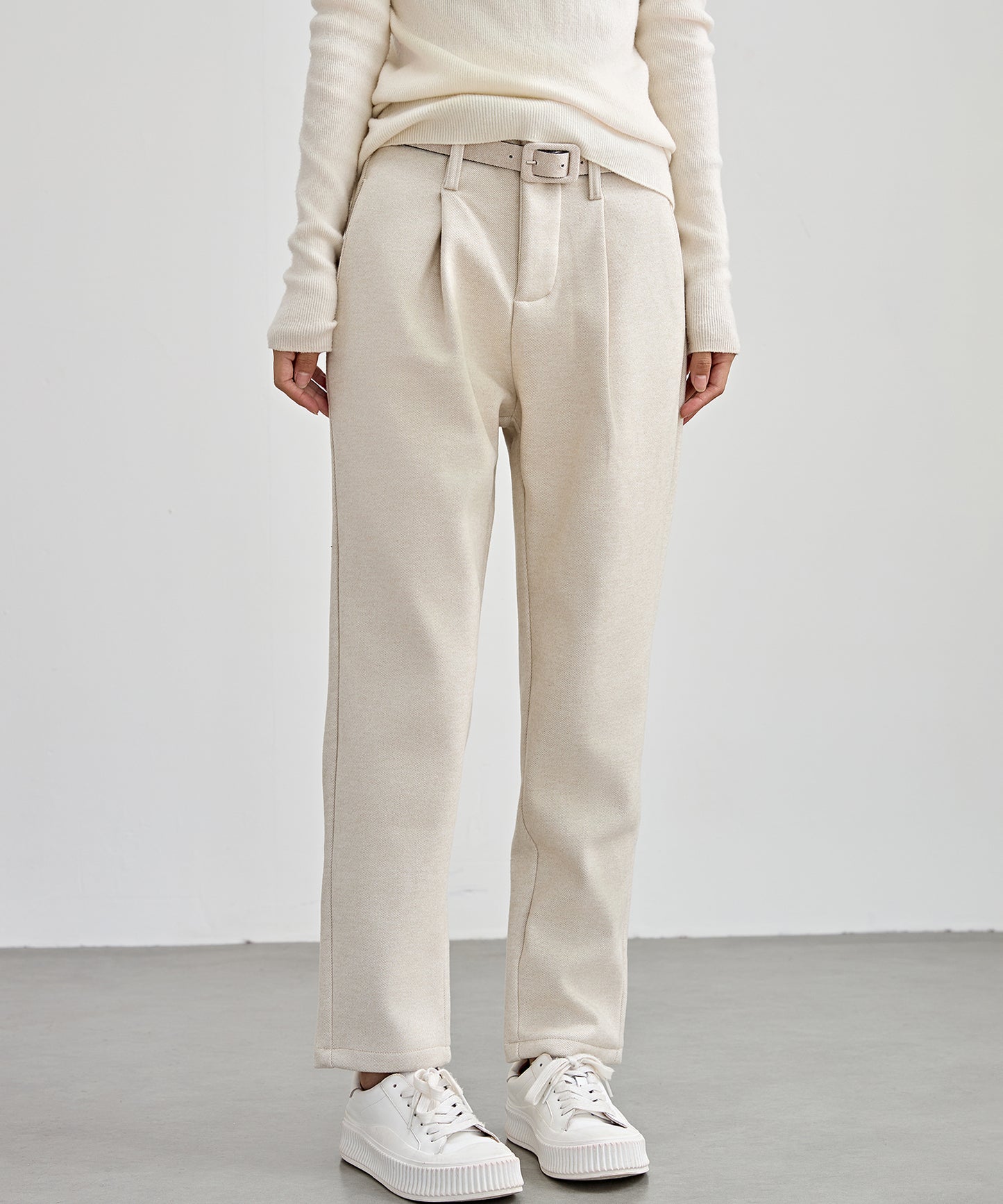 ハイウエスト ベルト付き 裏起毛 テーパード パンツ