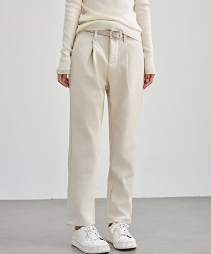 ハイウエスト ベルト付き 裏起毛 テーパード パンツ