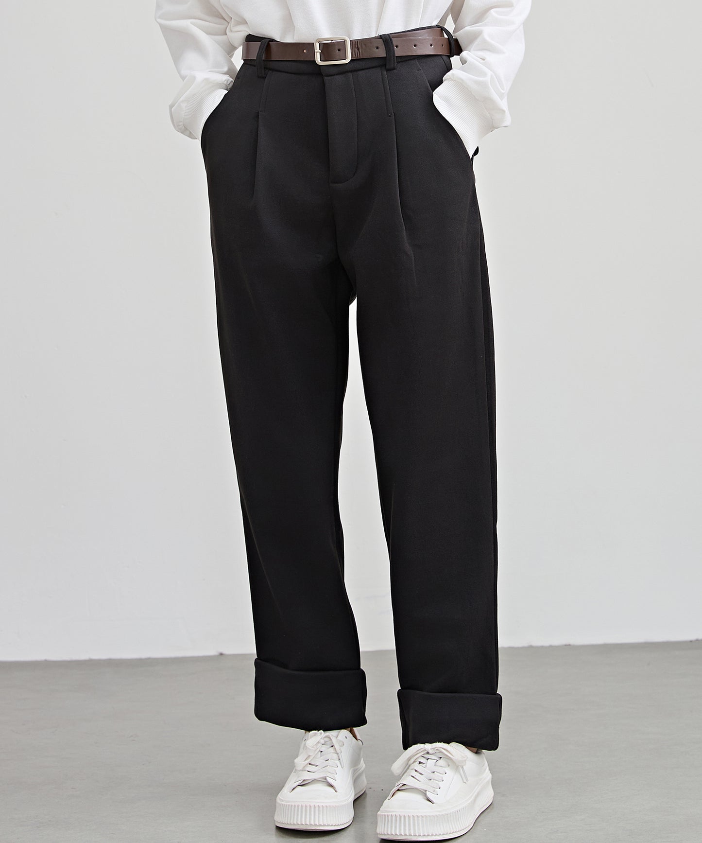 裏起毛 ストレート ロールアップ タック パンツ