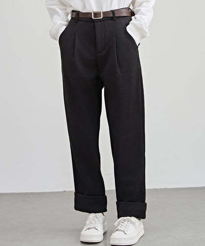 裏起毛 ストレート ロールアップ タック パンツ