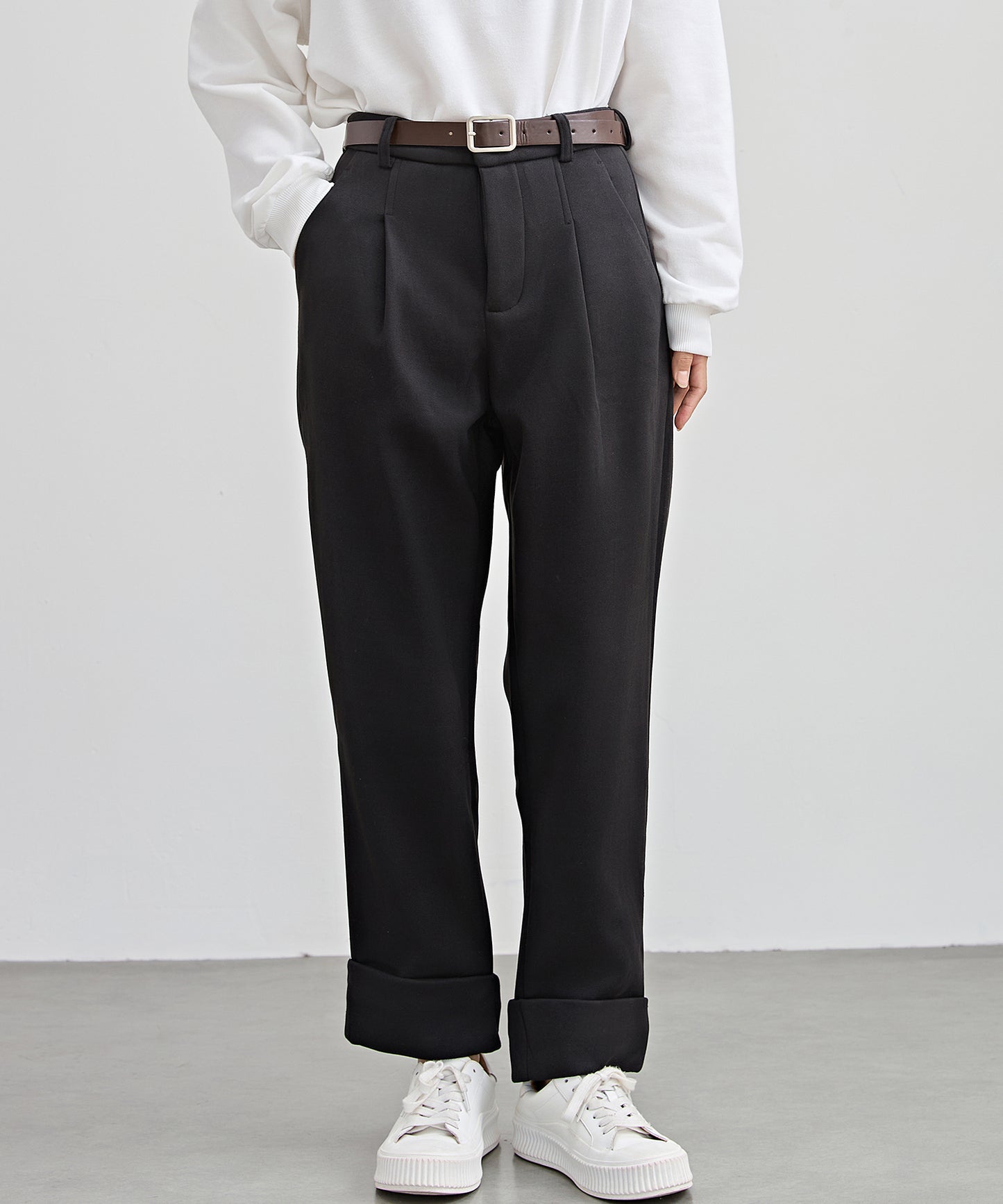 裏起毛 ストレート ロールアップ タック パンツ