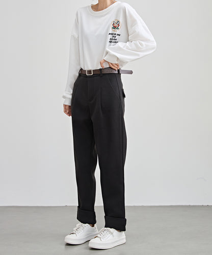 裏起毛 ストレート ロールアップ タック パンツ