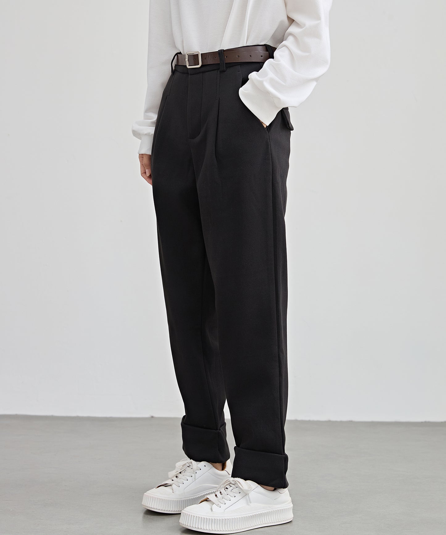 裏起毛 ストレート ロールアップ タック パンツ