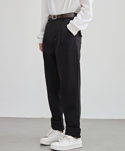 裏起毛 ストレート ロールアップ タック パンツ
