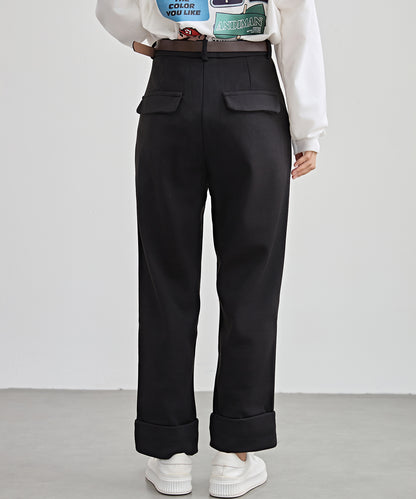 裏起毛 ストレート ロールアップ タック パンツ