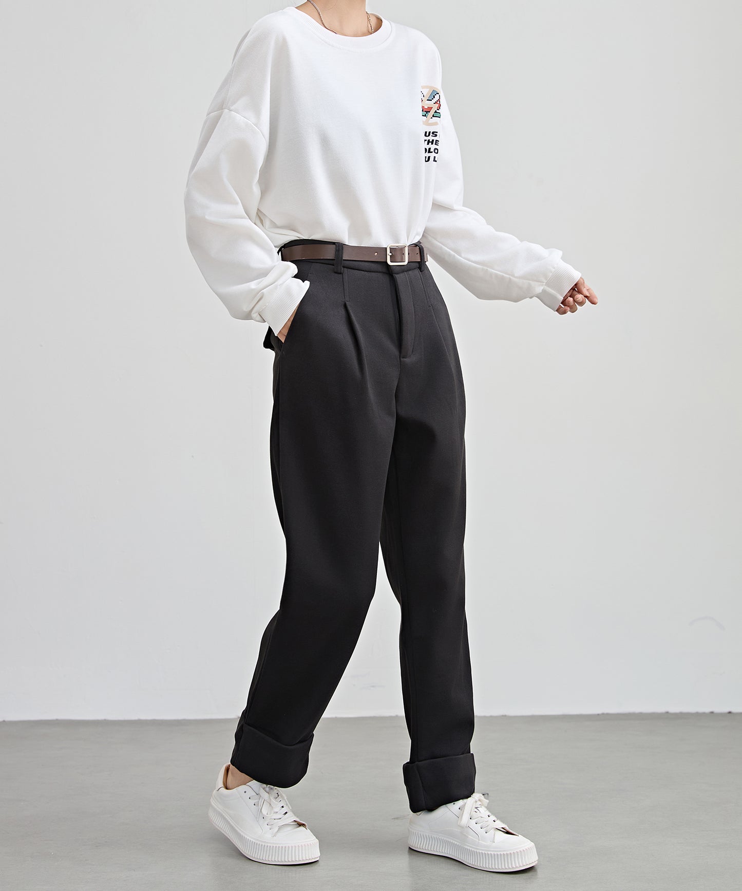 裏起毛 ストレート ロールアップ タック パンツ