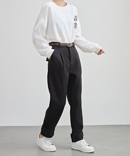 裏起毛 ストレート ロールアップ タック パンツ