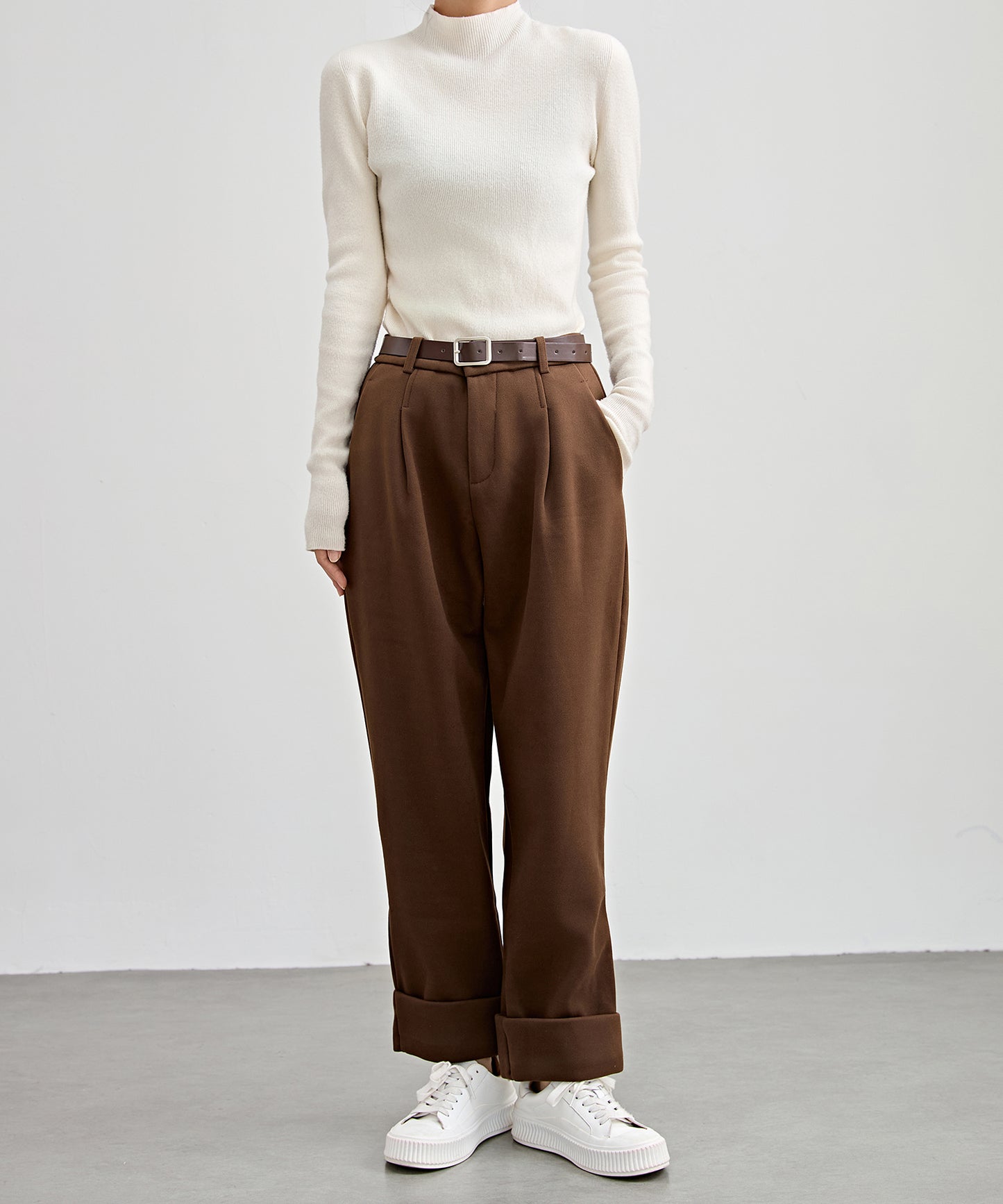 裏起毛 ストレート ロールアップ タック パンツ